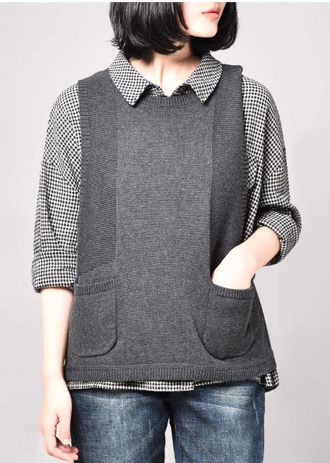 Luvik | ilmanhihaiset harmaat neuletakki rento leikkaus taskut neuletakki pyöreä kaula-aukko