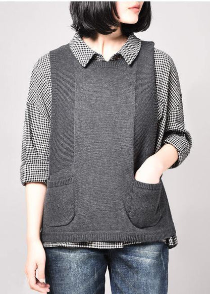 Luvik | ilmanhihaiset harmaat neuletakki rento leikkaus taskut neuletakki pyöreä kaula-aukko