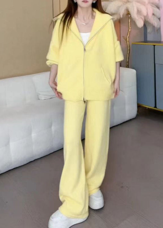 Luvik | Keltainen vetoketjullinen puuvillaneule takki ja leveät housut kaksiosainen talviasu