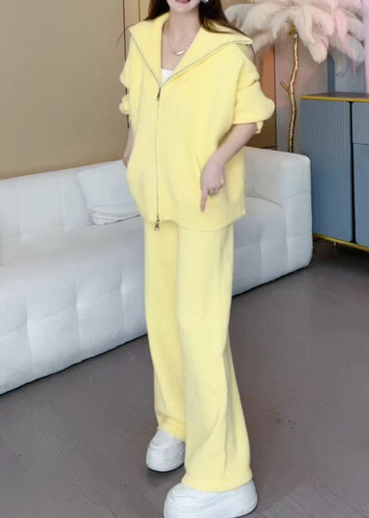 Luvik | Keltainen vetoketjullinen puuvillaneule takki ja leveät housut kaksiosainen talviasu