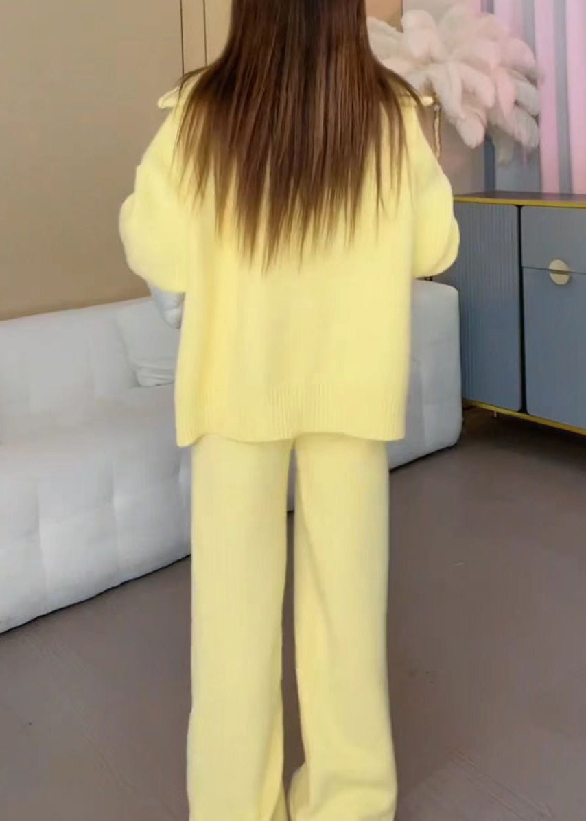 Luvik | Keltainen vetoketjullinen puuvillaneule takki ja leveät housut kaksiosainen talviasu