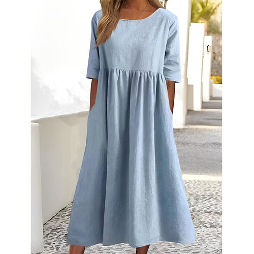 Luvik | Hengittävä puuvilla-pellava vintage midi-mekko rypytetyllä muotoilulla
