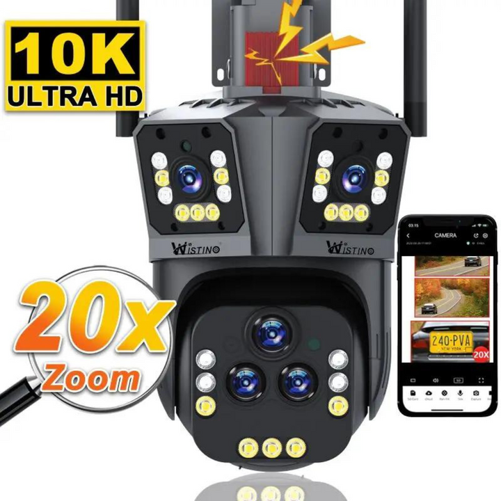 DualGuard Ultra 10K – 20MP overvåkningskamera med 5 linser og 20x zoom | Luvikno