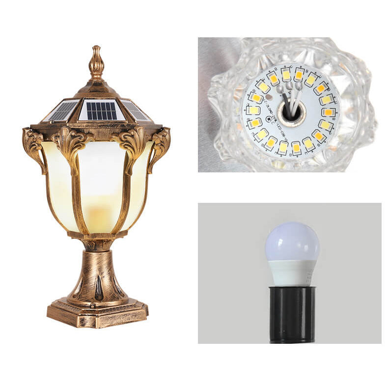 Europeisk Retro Die-Cast Aluminium Glass Solar Vanntett Utendørs Hage Landskap Søyle Lys | Luvikno