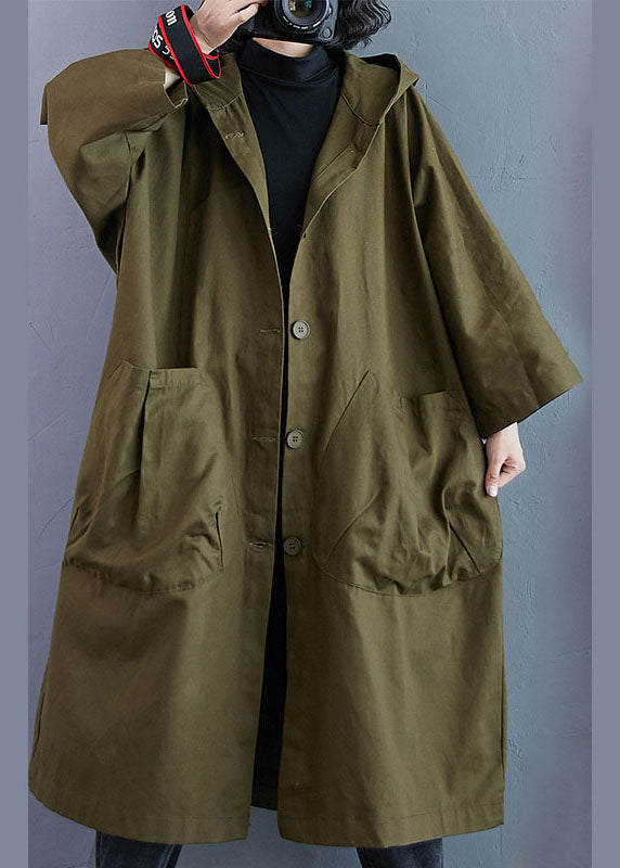 Luvik | Grønn armé Knappeløs Hette Lange Ermer Trench-coats
