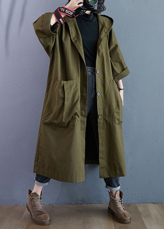 Luvik | Grønn armé Knappeløs Hette Lange Ermer Trench-coats