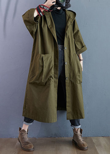 Luvik | Grønn armé Knappeløs Hette Lange Ermer Trench-coats