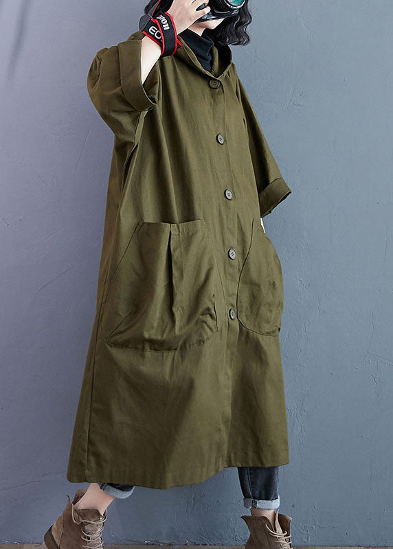 Luvik | Grønn armé Knappeløs Hette Lange Ermer Trench-coats