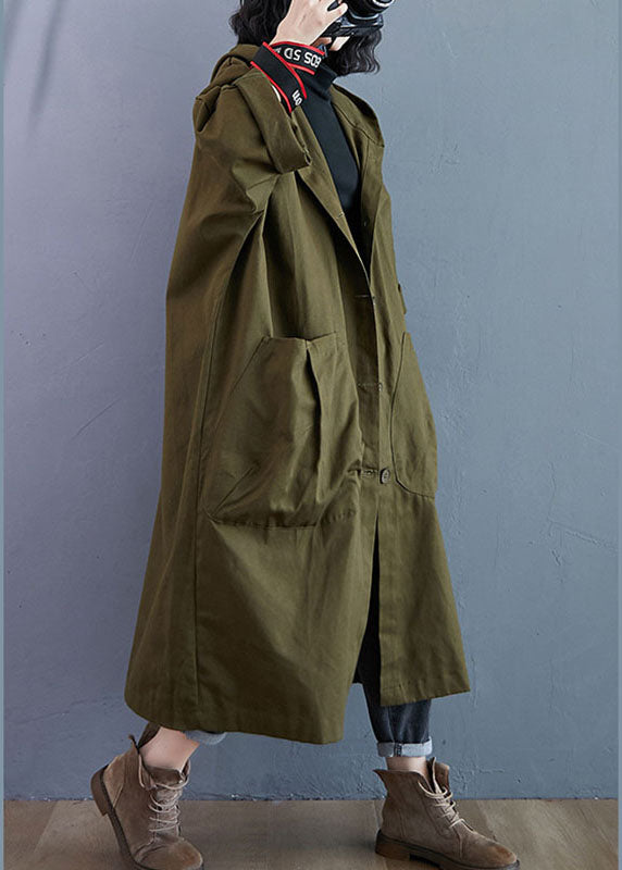 Luvik | Grønn armé Knappeløs Hette Lange Ermer Trench-coats