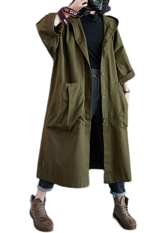 Luvik | Grønn armé Knappeløs Hette Lange Ermer Trench-coats