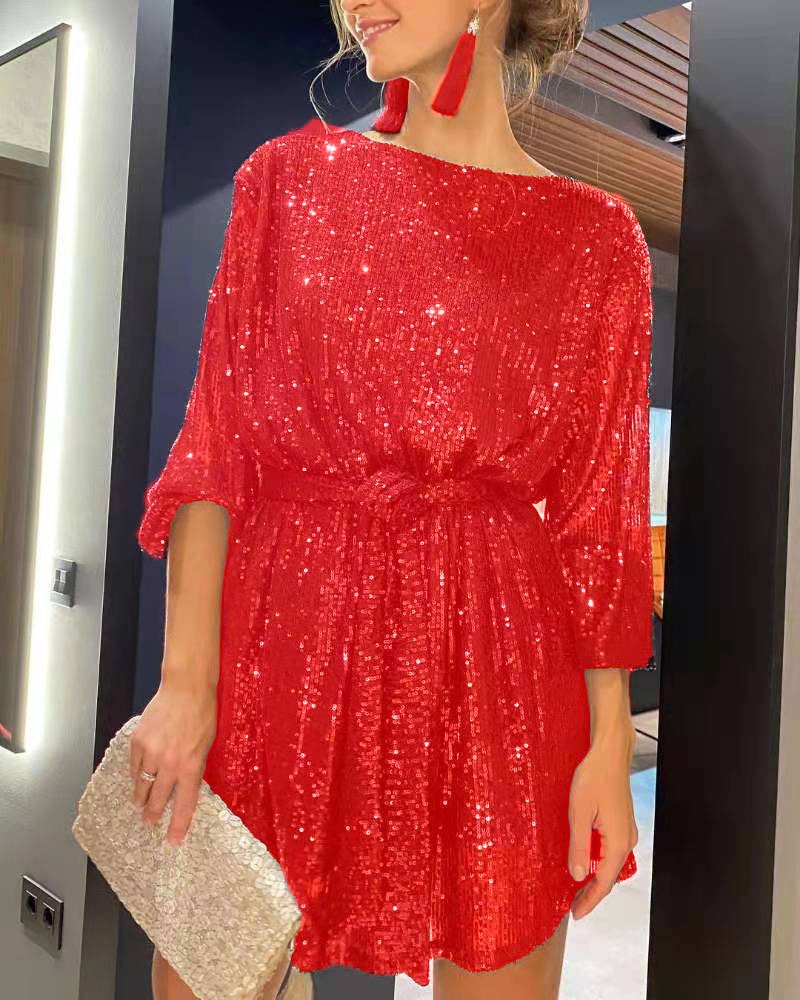 Luvik | Tyylikäs glittervyöruusukuvioinen mekko