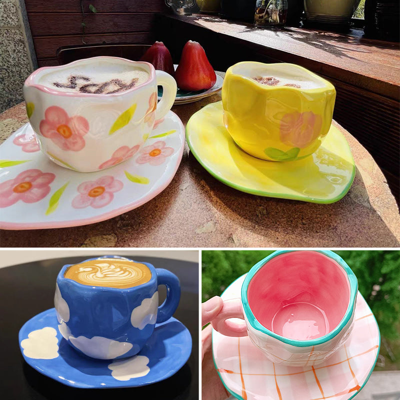 Håndmalt kreativ kaffekopp, keramisk tekopp og fatsett | Luvikno