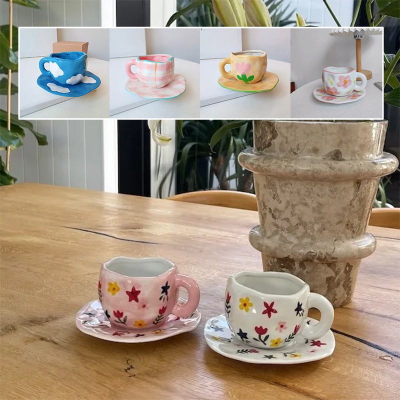 Håndmalt kreativ kaffekopp, keramisk tekopp og fatsett | Luvikno