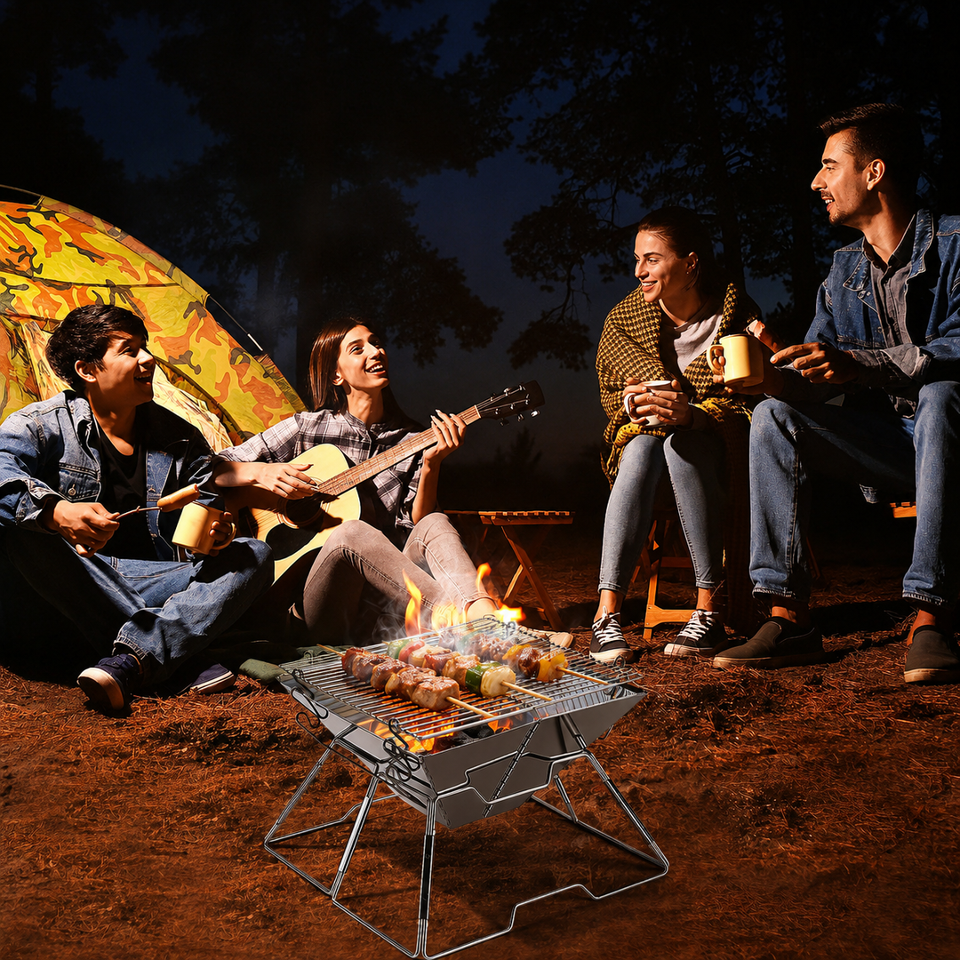 Foldbar Camping Grill i Rustfritt Stål med Høydejusterbar Grillstativ | Luvikno