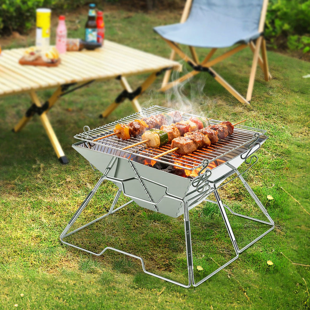 Foldbar Camping Grill i Rustfritt Stål med Høydejusterbar Grillstativ | Luvikno