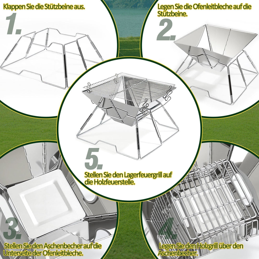 Foldbar Camping Grill i Rustfritt Stål med Høydejusterbar Grillstativ | Luvikno