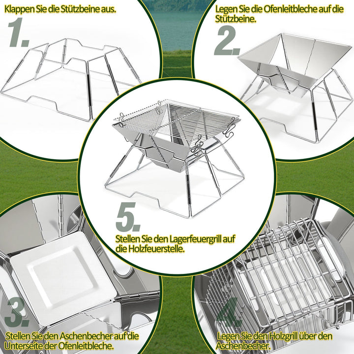 Foldbar Camping Grill i Rustfritt Stål med Høydejusterbar Grillstativ | Luvikno