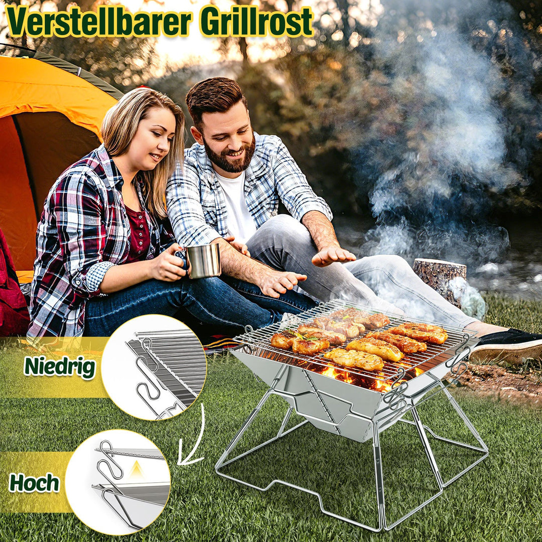Foldbar Camping Grill i Rustfritt Stål med Høydejusterbar Grillstativ | Luvikno