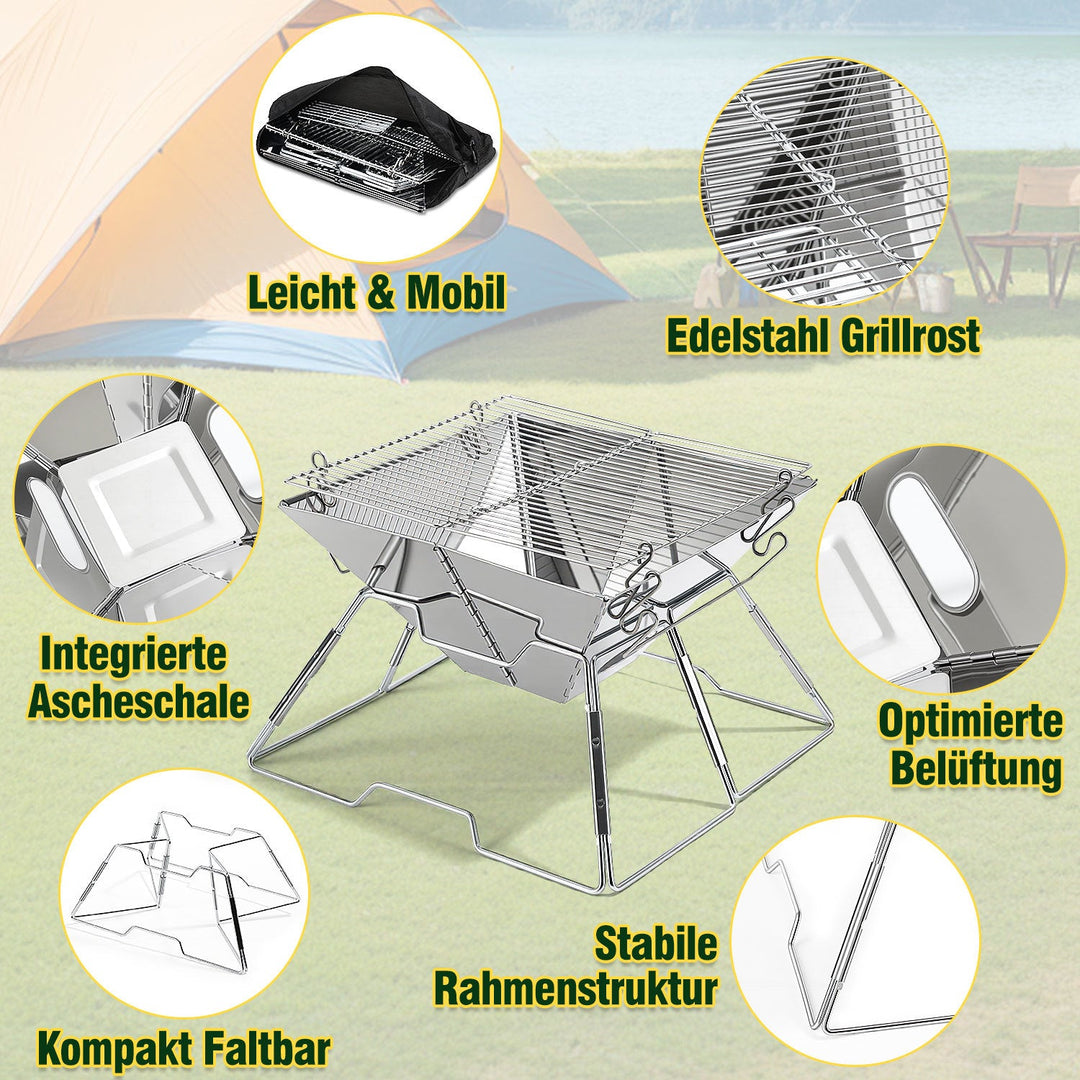 Foldbar Camping Grill i Rustfritt Stål med Høydejusterbar Grillstativ | Luvikno