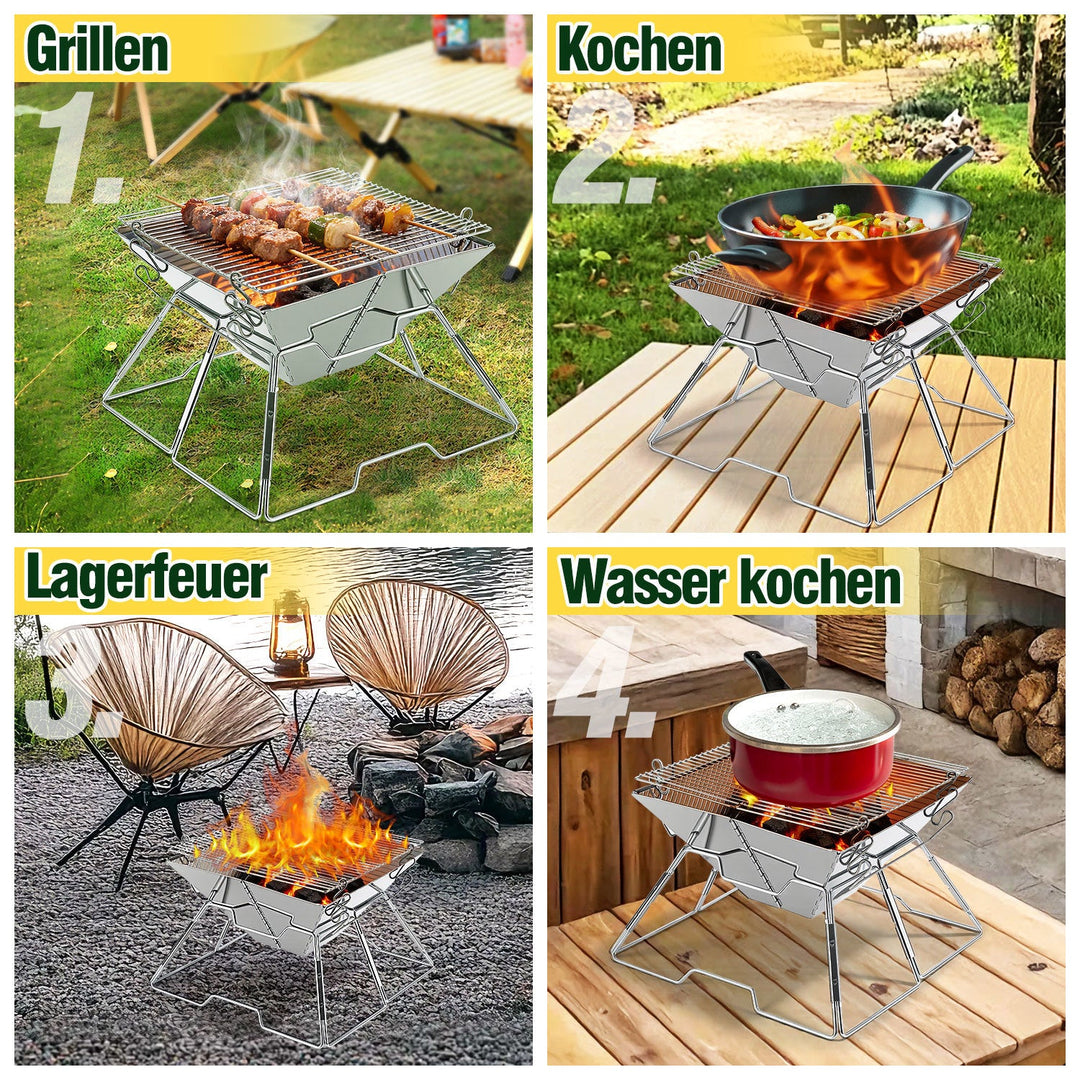 Foldbar Camping Grill i Rustfritt Stål med Høydejusterbar Grillstativ | Luvikno