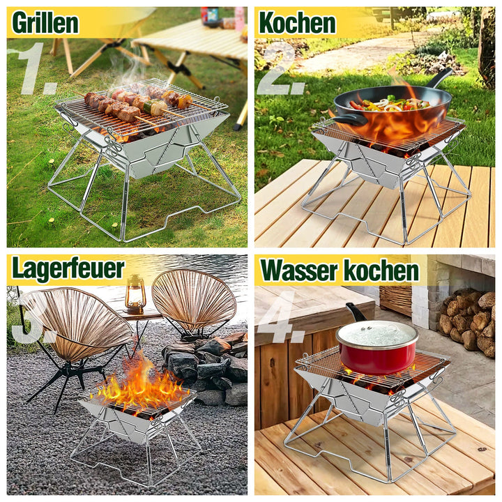 Foldbar Camping Grill i Rustfritt Stål med Høydejusterbar Grillstativ | Luvikno