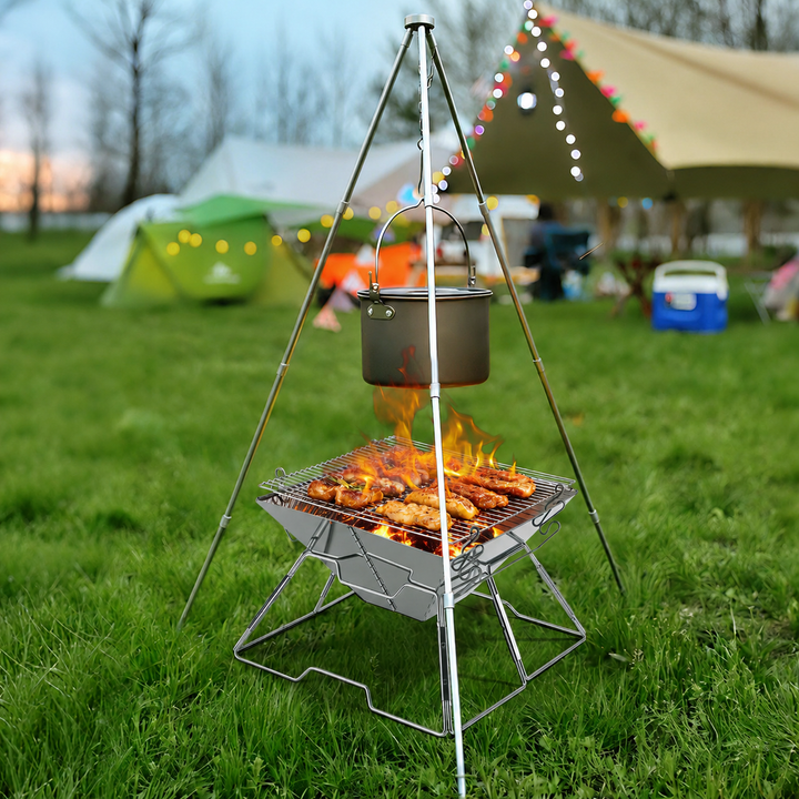 Foldbar Camping Grill i Rustfritt Stål med Høydejusterbar Grillstativ | Luvikno
