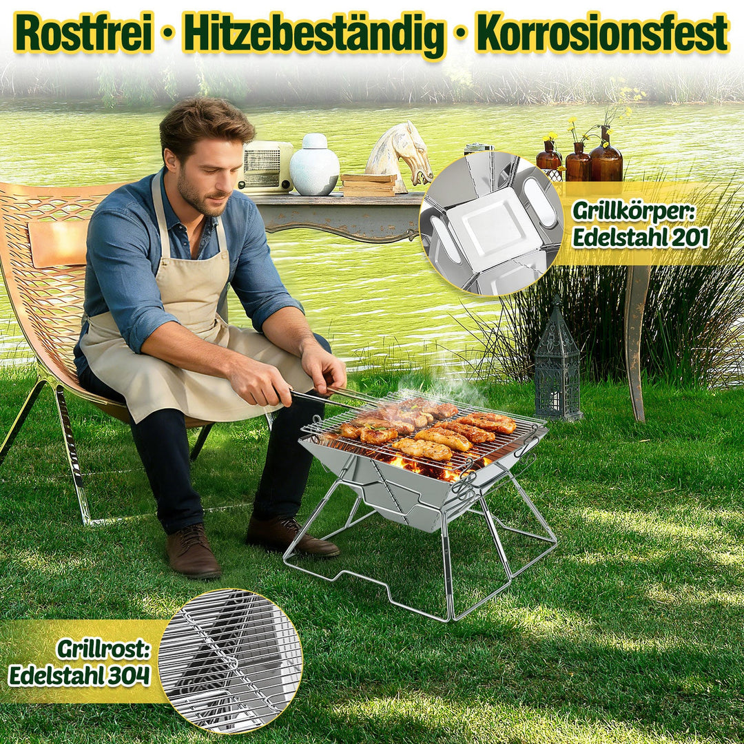 Foldbar Camping Grill i Rustfritt Stål med Høydejusterbar Grillstativ | Luvikno