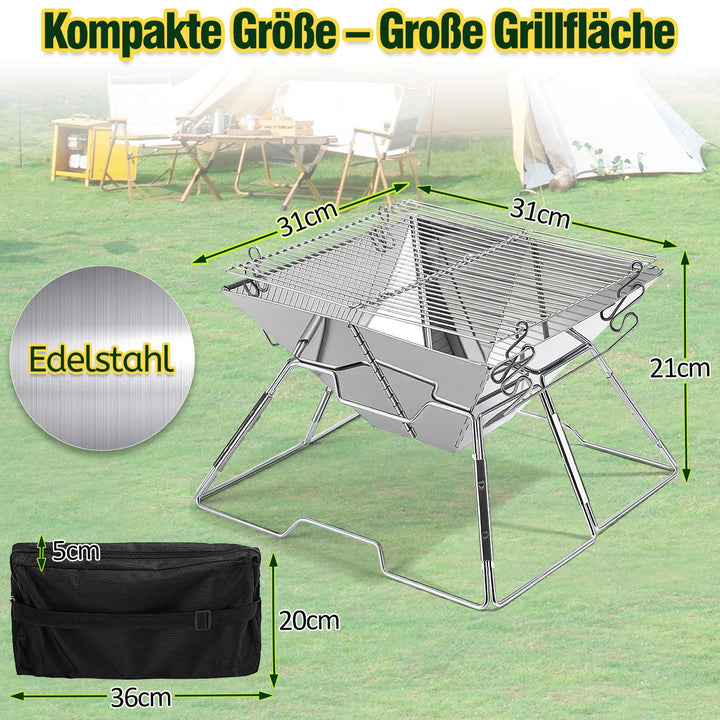 Foldbar Camping Grill i Rustfritt Stål med Høydejusterbar Grillstativ | Luvikno