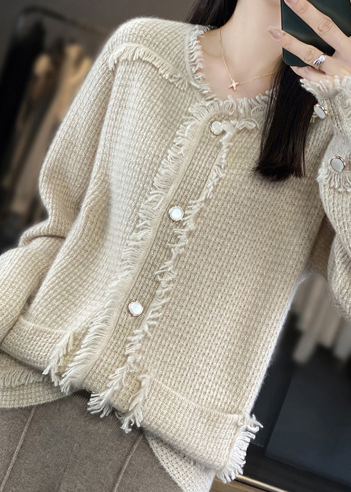 Luvik | Beige O-Rundt patchwork ull blanding jakke langermet