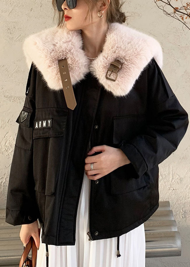 Luvik | Svart Fox Col Zip-Up Coton Fin Fyllt Dunjakker Vinter