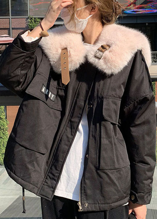 Luvik | Svart Fox Col Zip-Up Coton Fin Fyllt Dunjakker Vinter