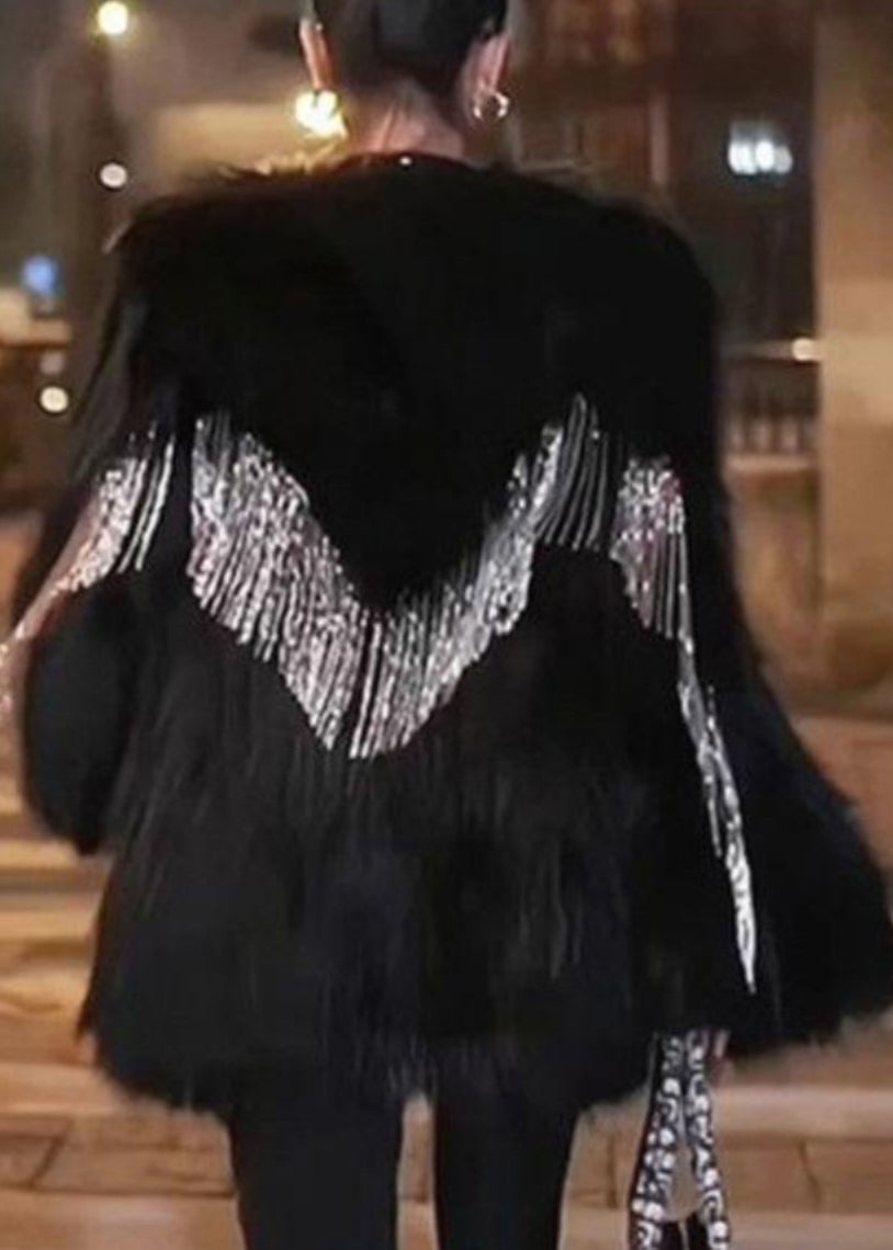 Luvik | Musta fringe-patchwork-takki V-aukolla