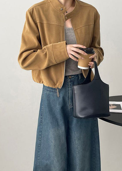 Luvik | Ruskea korkeakauluksellinen vetoketjulla varustettu nahkatakki