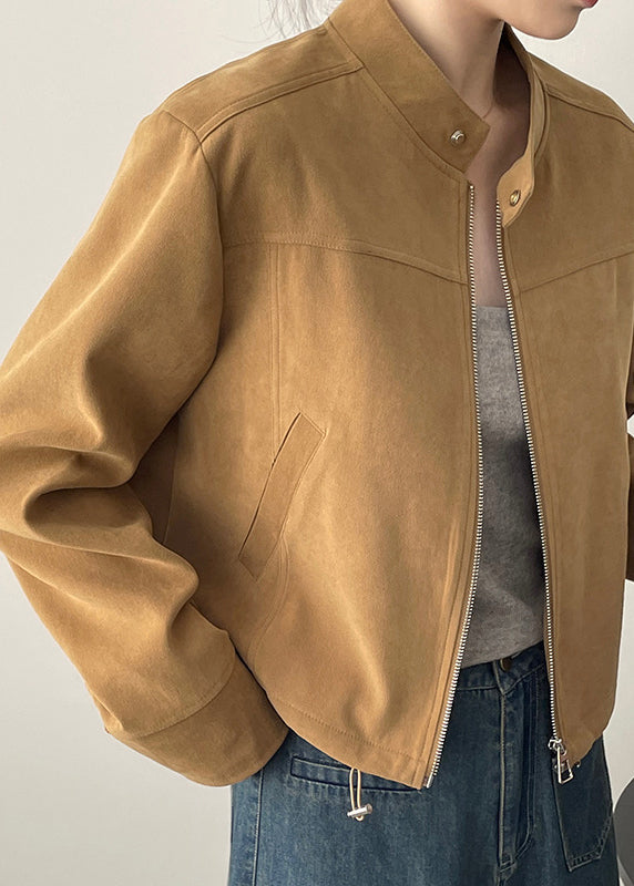 Luvik | Ruskea korkeakauluksellinen vetoketjulla varustettu nahkatakki