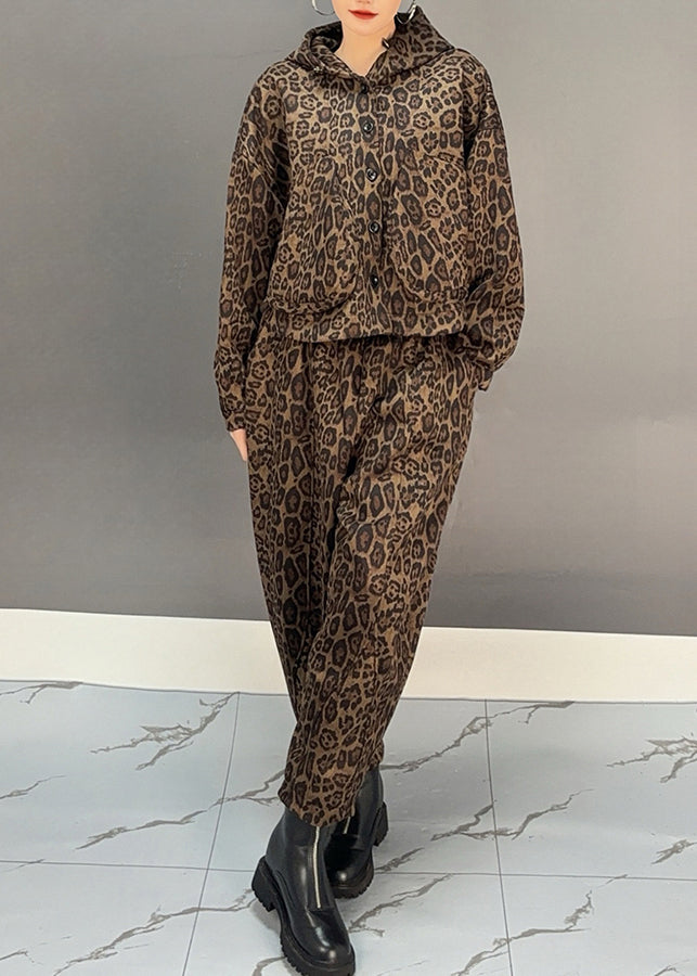 Luvik | Khaki Leopardi Fleecetakki Lämmintä Hupparia ja Haremihousuja Kaksi Osaista Talviin