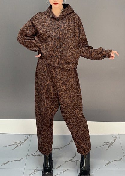 Luvik | Khaki Leopardi Fleecetakki Lämmintä Hupparia ja Haremihousuja Kaksi Osaista Talviin