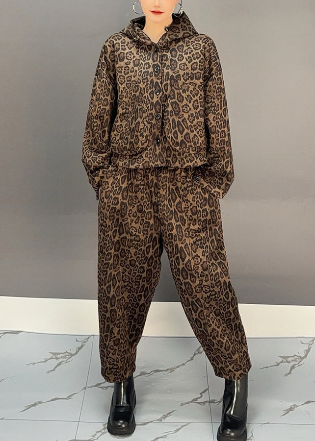 Luvik | Khaki Leopard Fleecejakke Varm Genser og HaremBukse To Delt Vinteroutfit