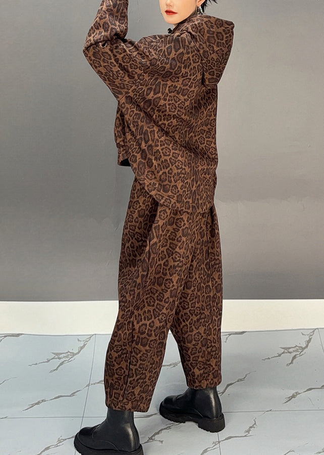 Luvik | Khaki Leopard Fleecejakke Varm Genser og HaremBukse To Delt Vinteroutfit