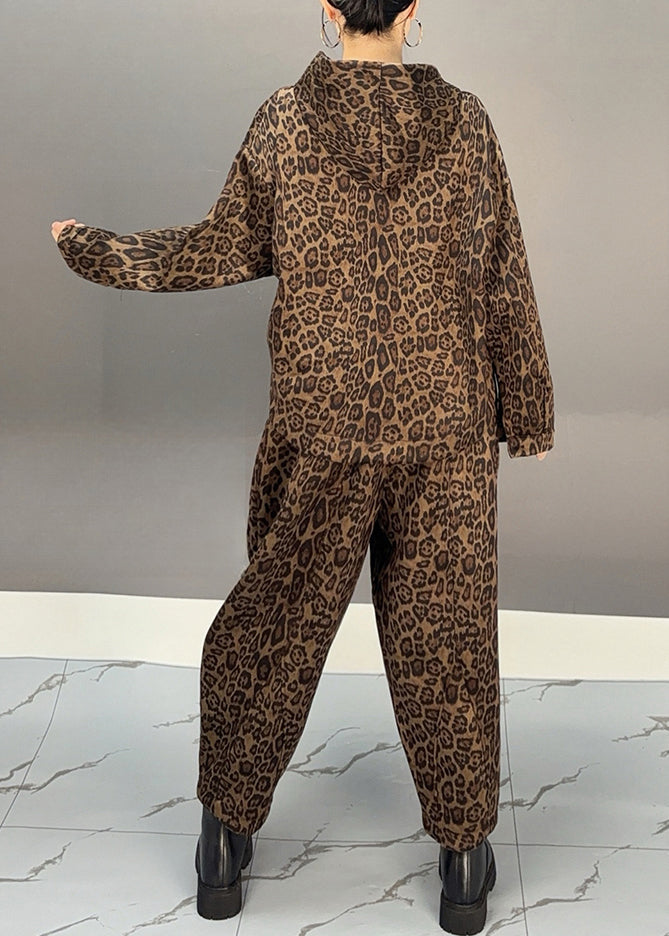 Luvik | Khaki Leopard Fleecejakke Varm Genser og HaremBukse To Delt Vinteroutfit