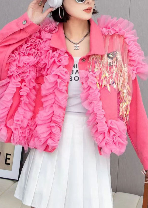 Luvik | Rosa Tulle Volang Vesker Patchwork Denimjakke