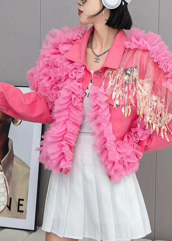 Luvik | Rosa Tulle Volang Vesker Patchwork Denimjakke