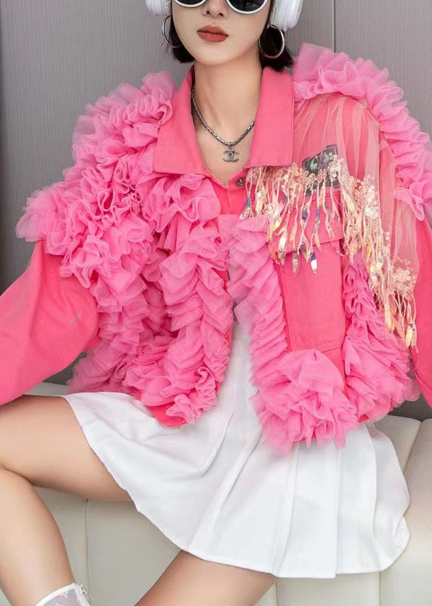 Luvik | Rosa Tulle Volang Vesker Patchwork Denimjakke