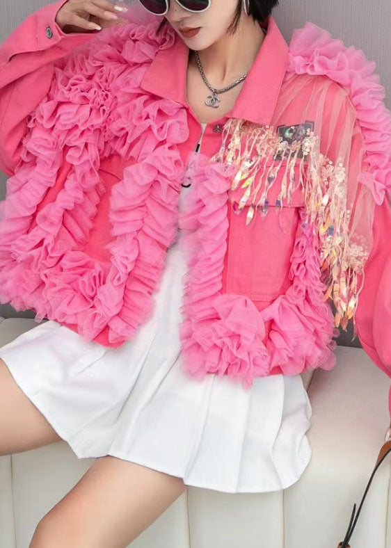 Luvik | Rosa Tulle Volang Vesker Patchwork Denimjakke