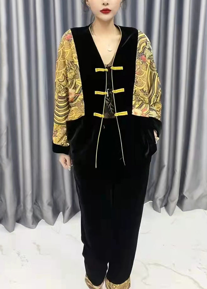 Luvik | V-hals gul silke-velour patchwork-mønstret crop-jakke og bukser To-delt antrekk