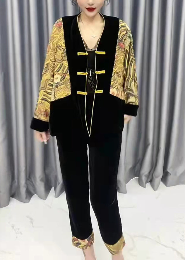 Luvik | V-hals gul silke-velour patchwork-mønstret crop-jakke og bukser To-delt antrekk
