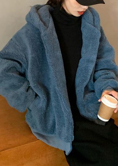 Luvik | sininen pitkävillatakki Pitkähihainen leveä puolipitkä takki hupulla talvivaatteisiin