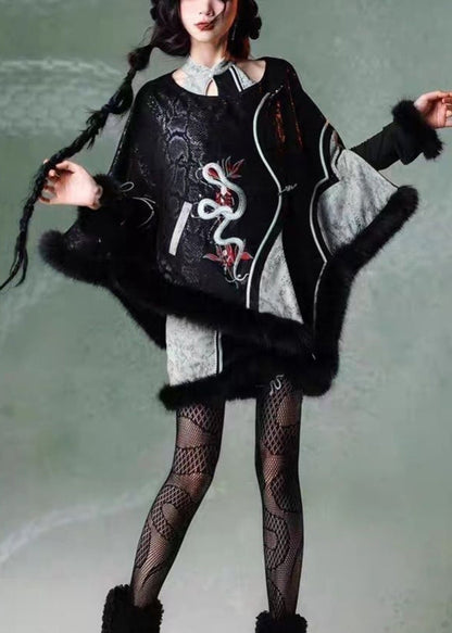 Luvik | Takki keinonahkaa musta brodeerattu patchwork