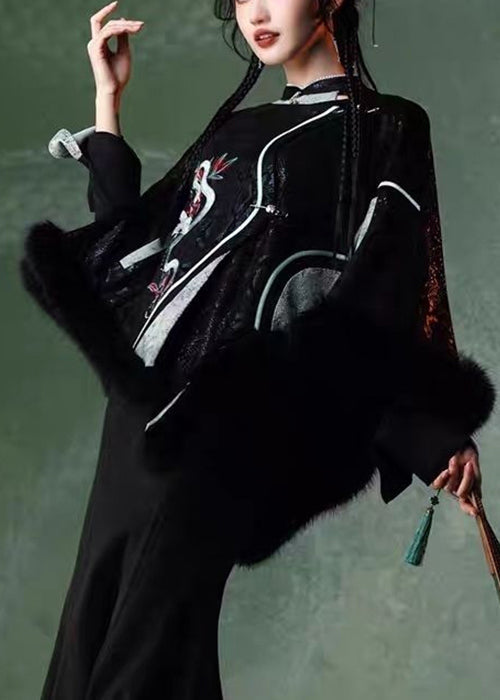 Luvik | Takki keinonahkaa musta brodeerattu patchwork