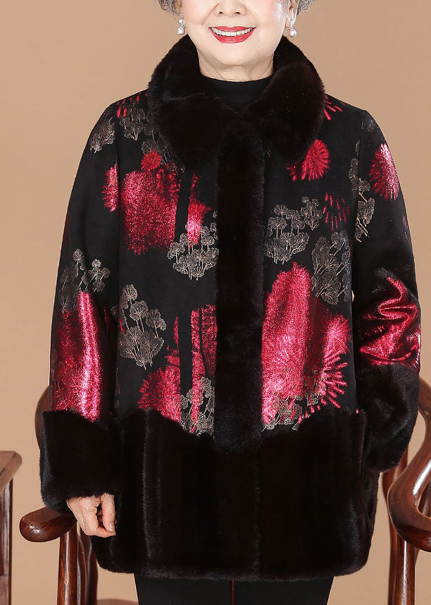 Luvik | Punainen karvakaulus Painettu Mink Sametti Paksut Takit