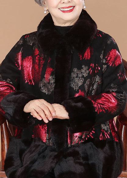 Luvik | Punainen karvakaulus Painettu Mink Sametti Paksut Takit